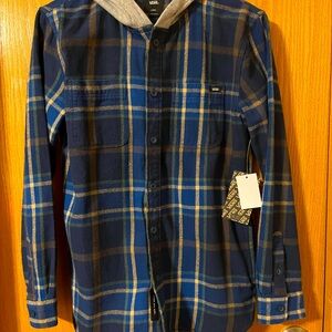 NWT VANS Flannel Hooded Shirt Jacket Blue Plaid Lopes Boys Teen Large Pockets
